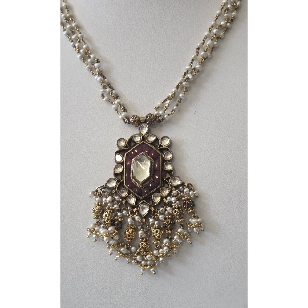 Vintage Indian Bollywood Gold Tone Kundan Choker Necklace Brass Faux‎ Pearl